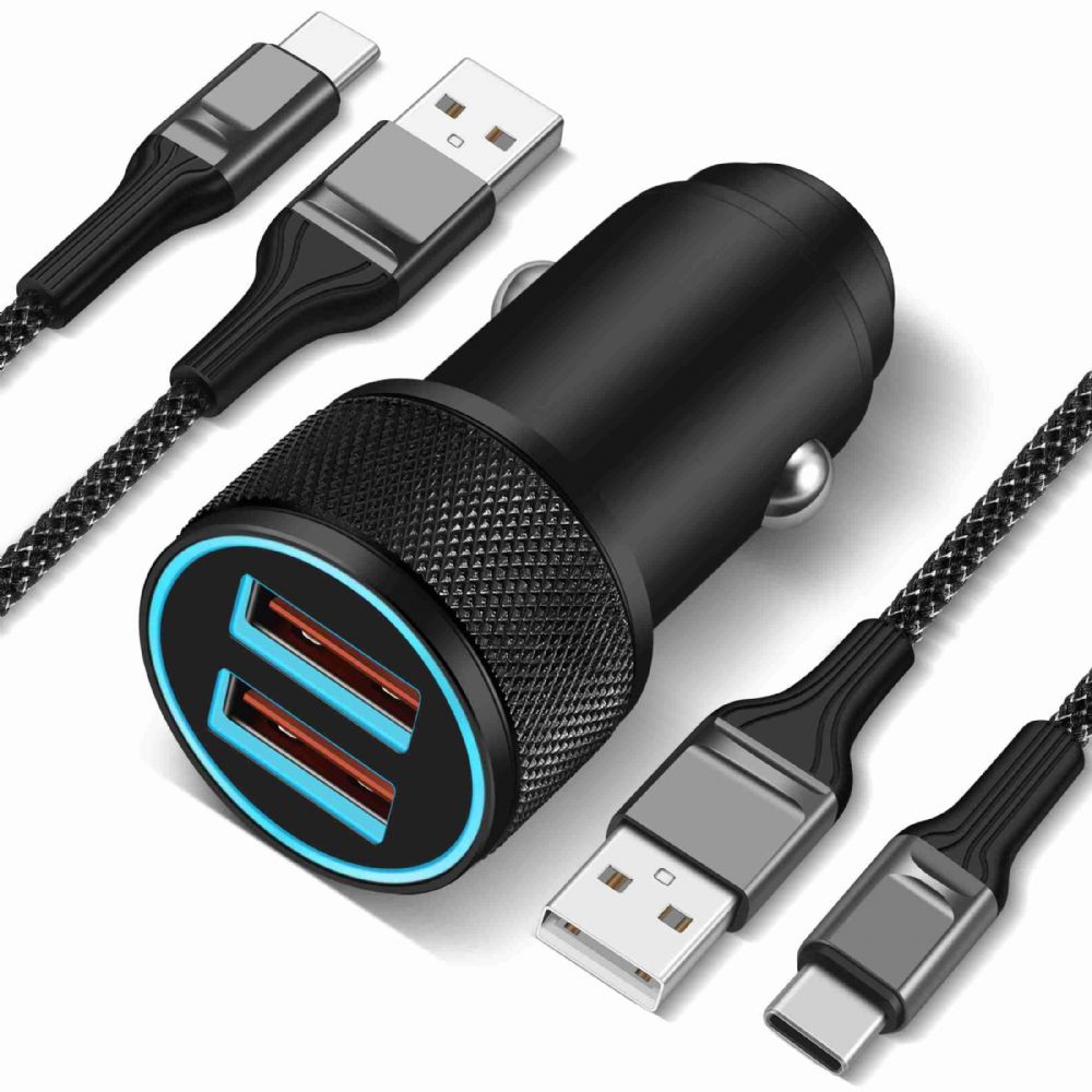 JUNVANG Fast Car Charger for Samsung Galaxy S21/S20/Ultra/S10/S9/S8, Note 20/10/9/8, Pixel, LG, Moto, Quick Charger Dual Port USB Car Charger Adapter with 2 X 3FT USB Type C Cable (3 in 1)