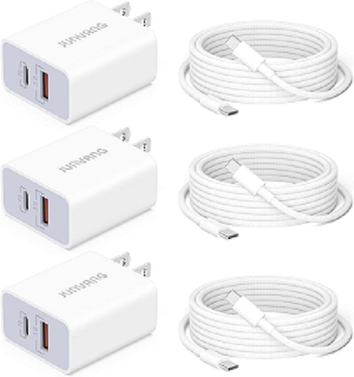 20W USB C Fast Charger for iPhone 15/15 Plus/15 Pro/15 Pro Max, iPad Pro/Air/Mini, AirPods Pro, 3-Pack Dual Port USB C Wall Charger Power Adapter Type C Fast Charging Block with 6FT USB C to C Cable