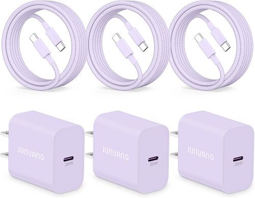20W PD USB C Fast Charger for iPhone 15/15 Plus/15 Pro/15 Pro Max, iPad Pro/Air/Mini, AirPods Pro, 3-Pack USB C Wall Charger Block Power Adapter Type C Plug with 3FT USB C to C Charging Cable, Purple