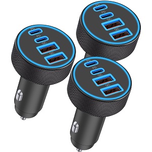 3Pack USB C Car Charger, JUNVANG 90W 4-Port Super Fast Charging Car Adapter, 4 in 1 Car Accessories Universal Cigarette Lighter USB Charger Adapter for iPhone, iPad, Samsung, LG, Google, Android Phone