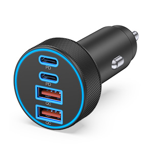 USB C Car Charger, 4-Port 90W Super Fast Charging Dual 45W USB-C & USB-A Multiport Car Charger Adapter Accessories Cigarette Lighter for iPhone 17 16 15 14 13 12 Pro Max, iPad, Galaxy, Pixel, Android