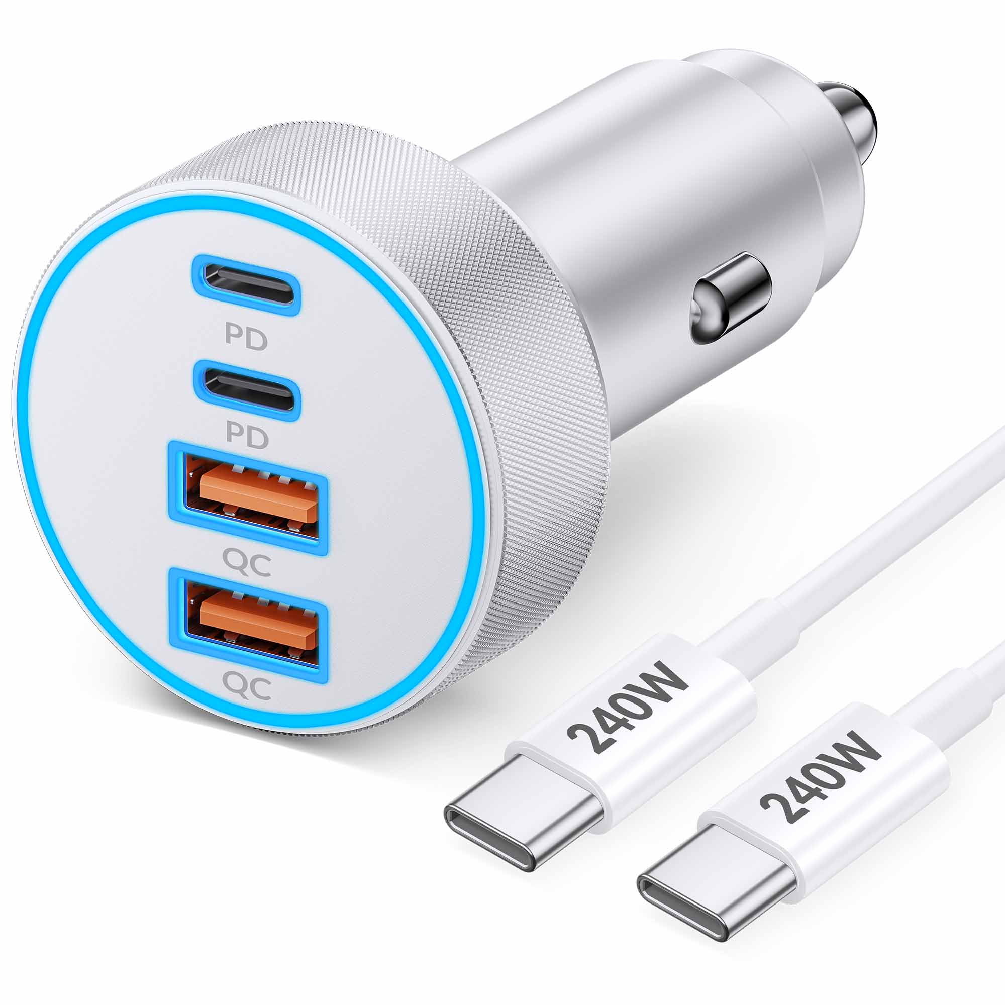 iPhone 17 16 15 Car Charger Fast Charging, 90W 4-Port USB C Fast Car Charger Cigarette Lighter Adapter with 240W 3FT USB-C Cable for iPhone 17/17 Pro/Air/17 Pro Max/16/16 Pro/ 15/15 Pro Max/Plus, iPad
