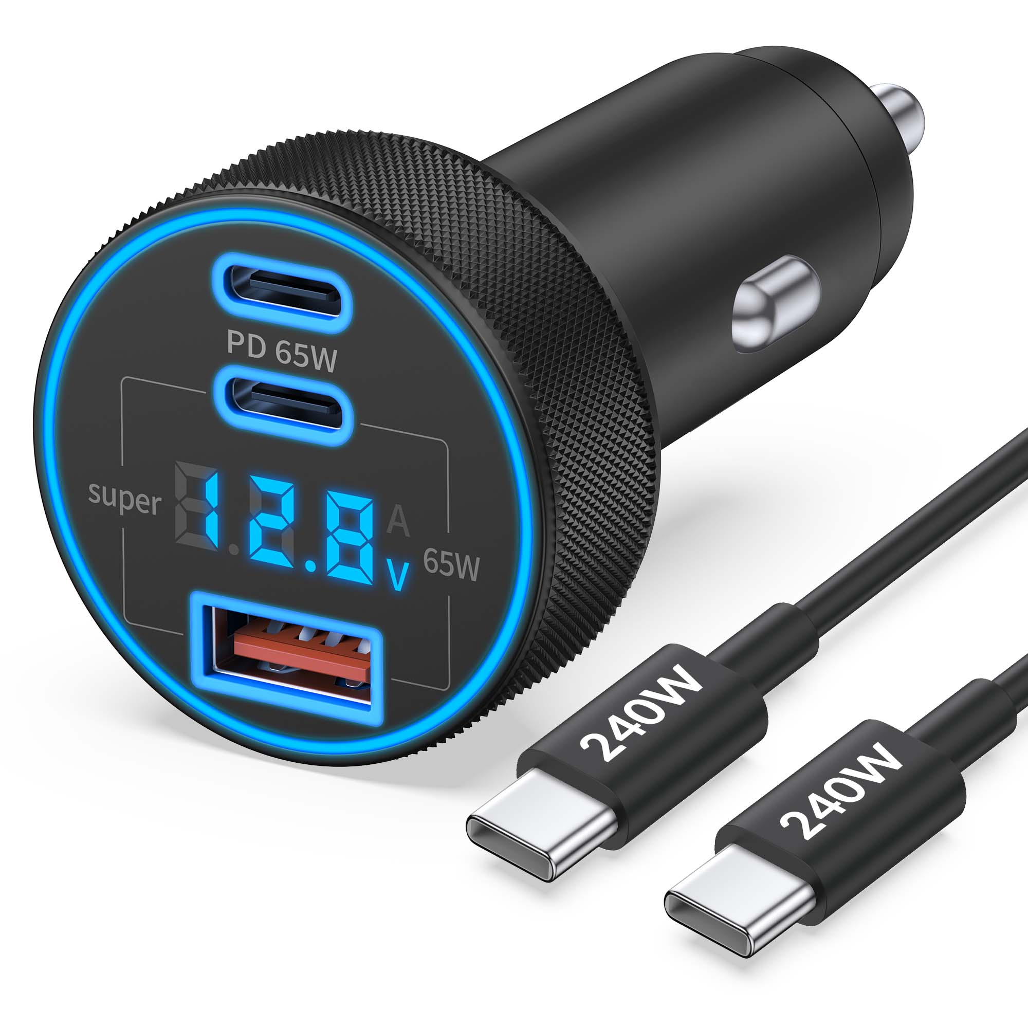 130W 3-Port USB C Super Fast Car Charger (with Voltage Display) for Samsung Galaxy S26/S25/ S24/S23/S22 Ultra/Z Fold/Flip, Android Phone, Type C Car Charger Adapter Accessories + 240W 3FT USB C Cable